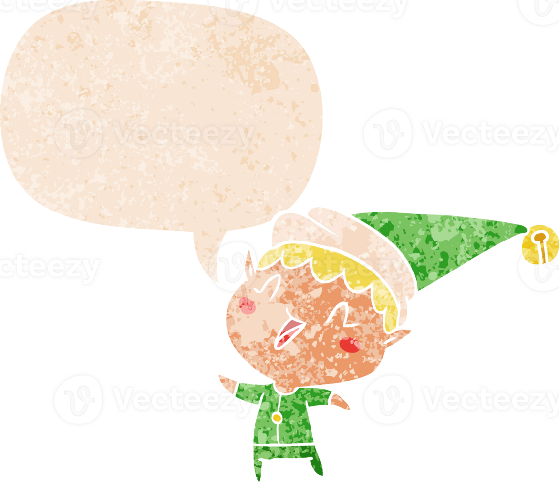 cartoon happy christmas elf and speech bubble in retro textured style png