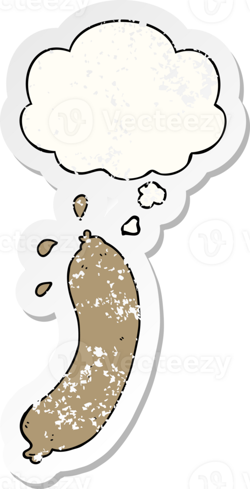 cartoon sausage and thought bubble as a distressed worn sticker png