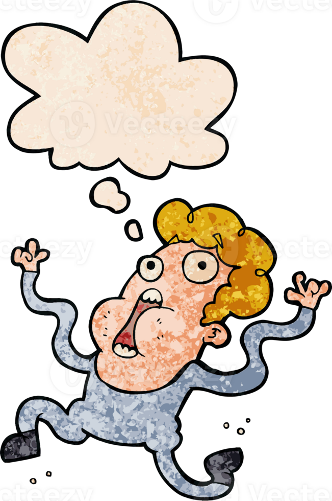 cartoon terrified man and thought bubble in grunge texture pattern style png