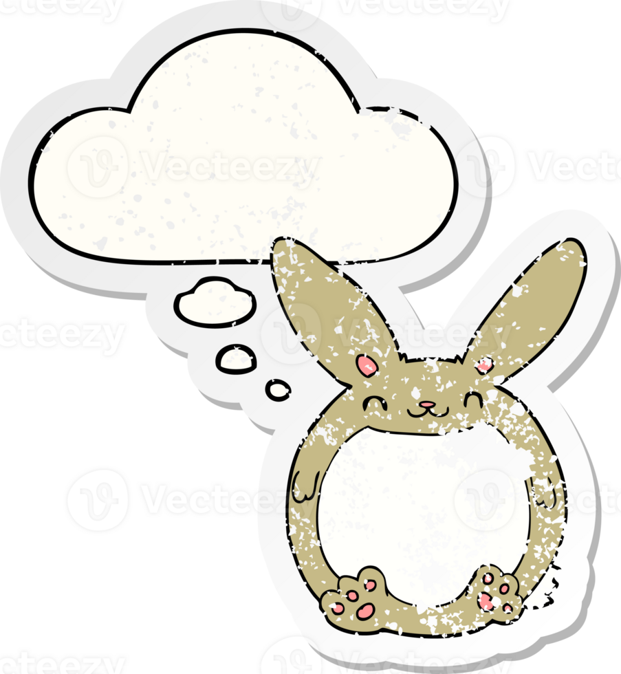 cartoon rabbit and thought bubble as a distressed worn sticker png