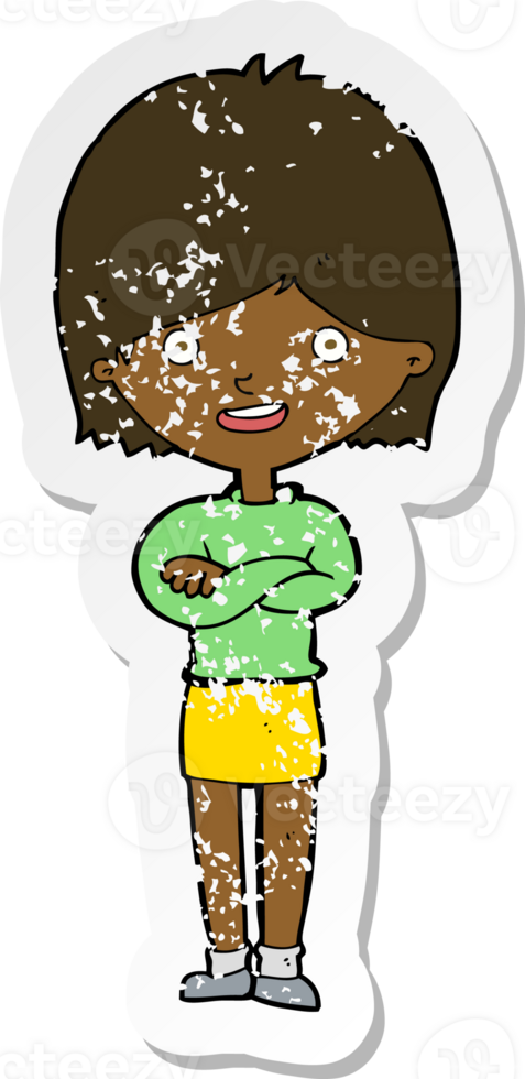 retro distressed sticker of a cartoon happy woman png