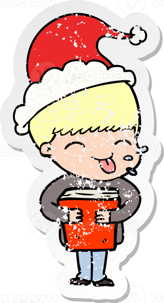 distressed sticker cartoon of a boy wearing santa hat png