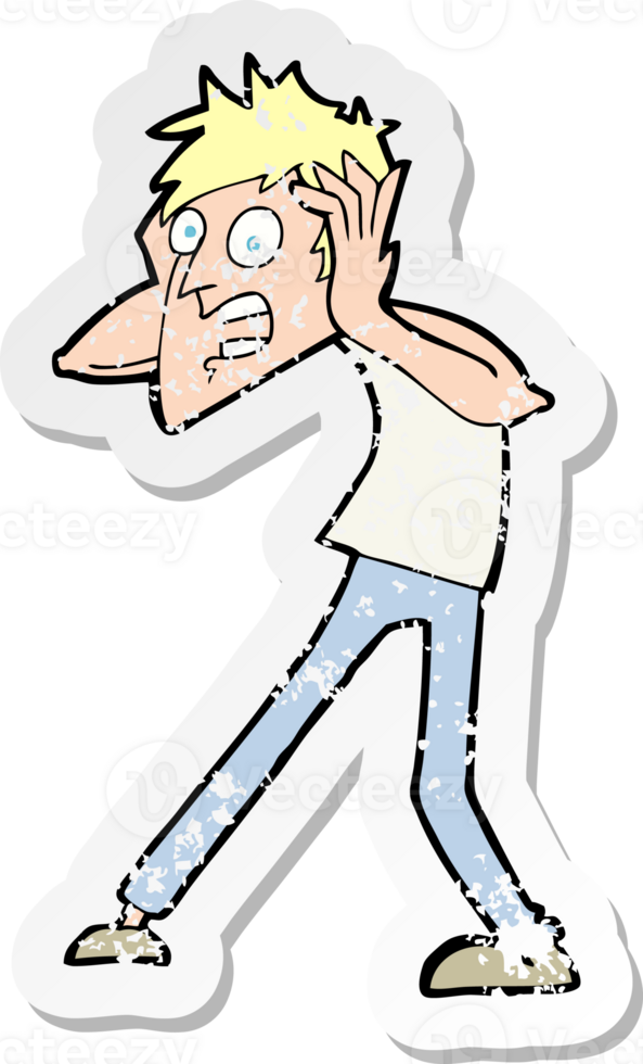 retro distressed sticker of a cartoon man panicking png