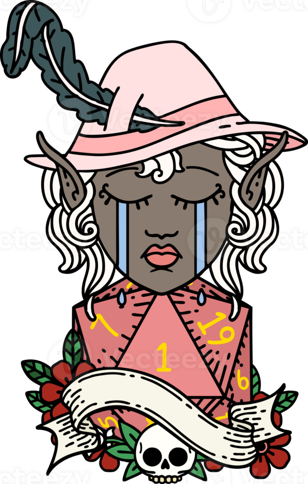crying elf bard character face with natural one d20 dice roll illustration png