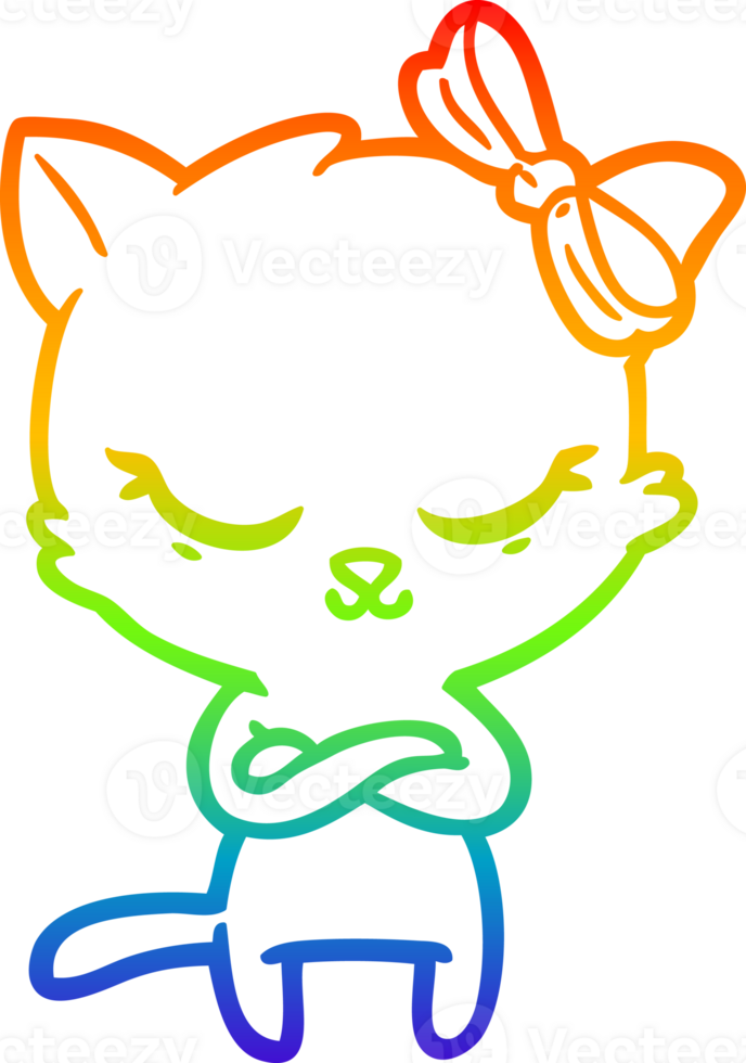 rainbow gradient line drawing cute cartoon cat with bow png