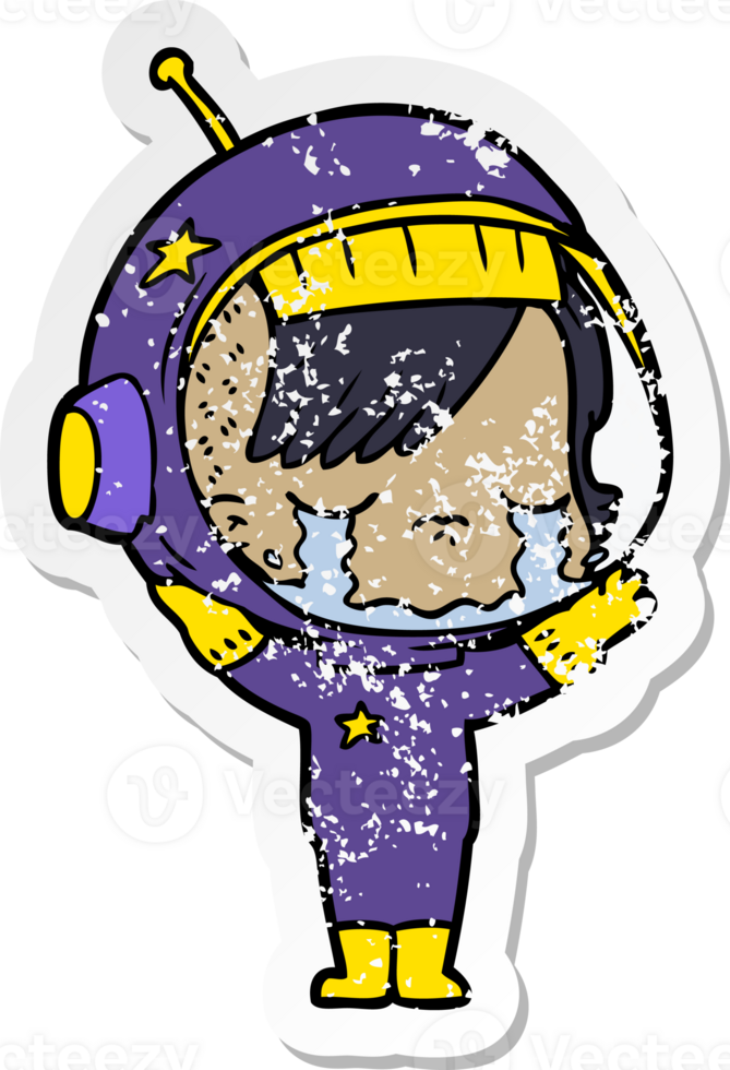 distressed sticker of a cartoon crying astronaut girl png