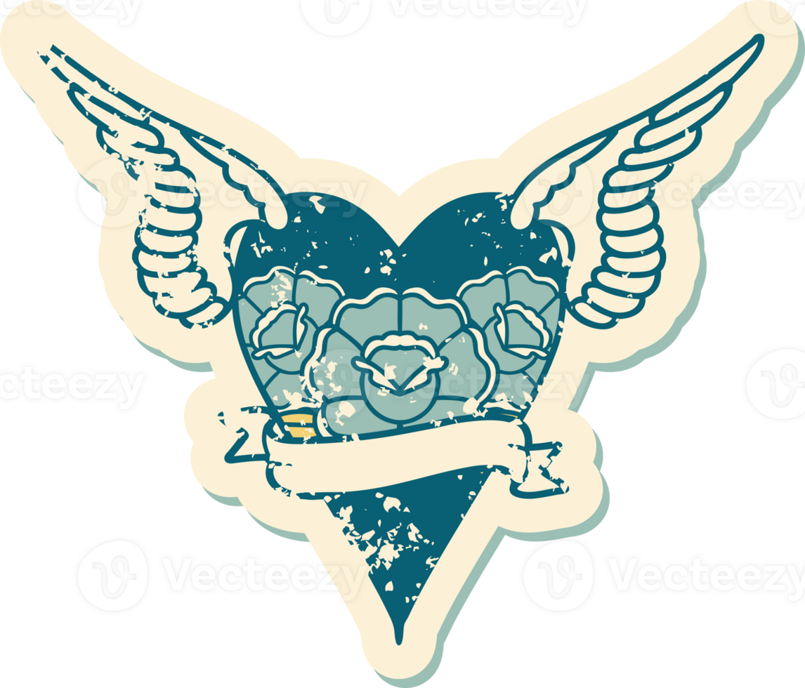 distressed sticker tattoo style icon of a flying heart with flowers and banner png