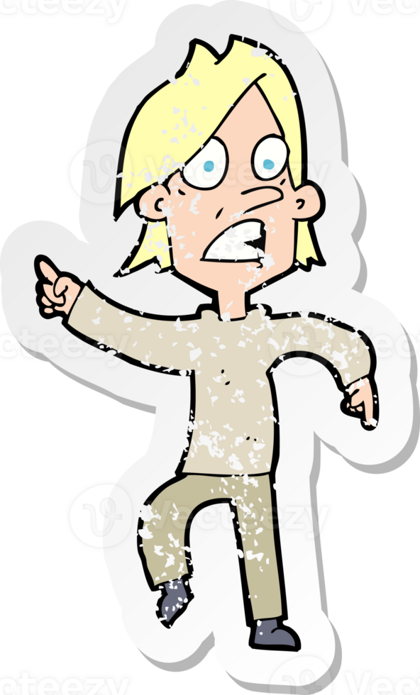 retro distressed sticker of a cartoon worried man pointing png