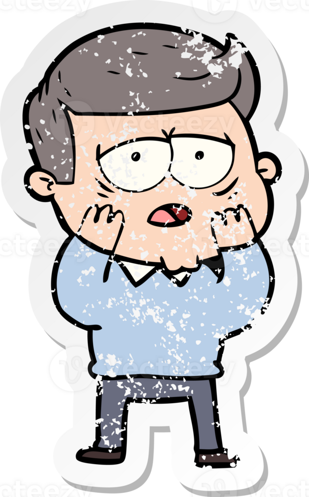 distressed sticker of a cartoon tired man png