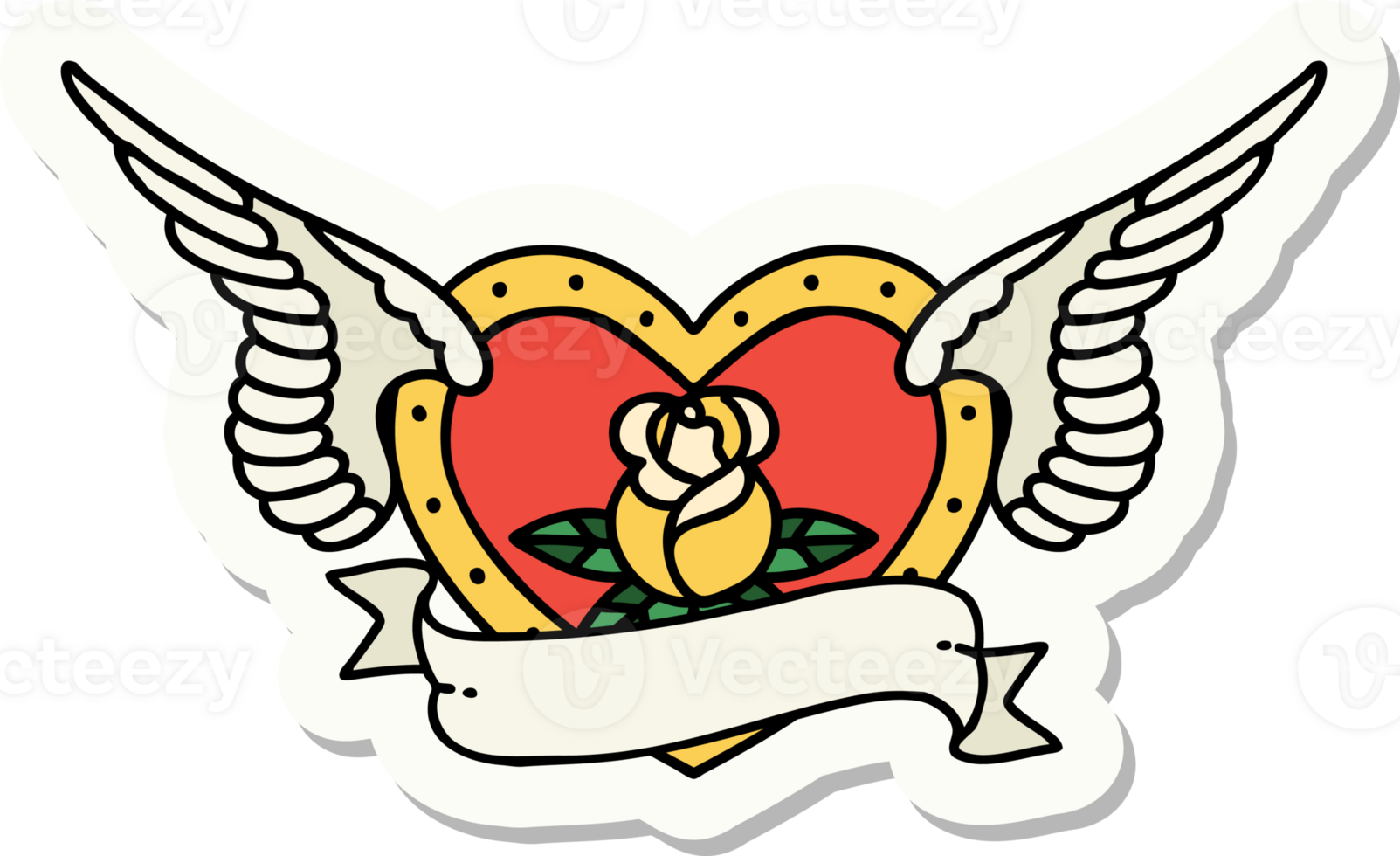 tattoo style sticker of a flying heart with flowers and banner png