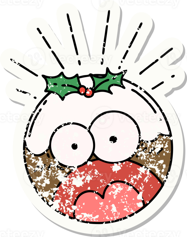 grunge sticker of tattoo style shocked christmas pudding png