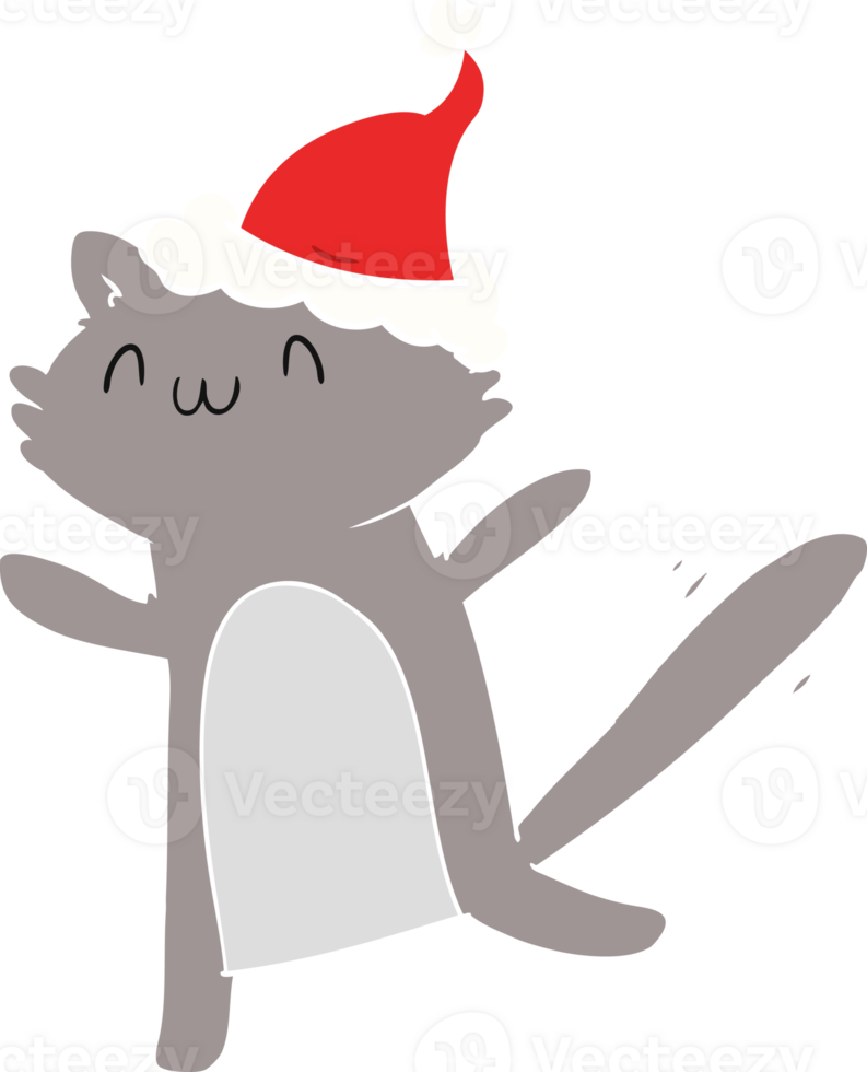 flat color illustration of a dancing cat wearing santa hat png