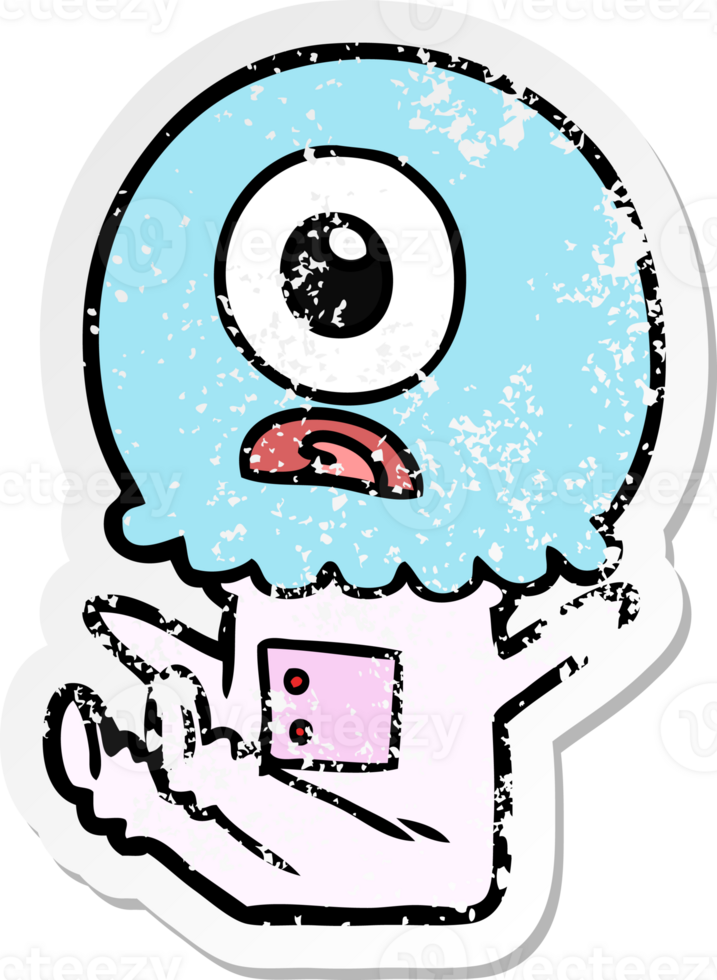 distressed sticker of a cartoon cyclops alien spaceman png