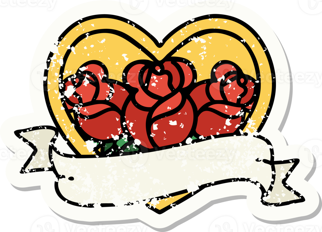 traditional distressed sticker tattoo of a heart and banner with flowers png