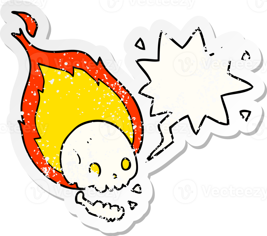 spooky cartoon flaming skull and speech bubble distressed sticker png