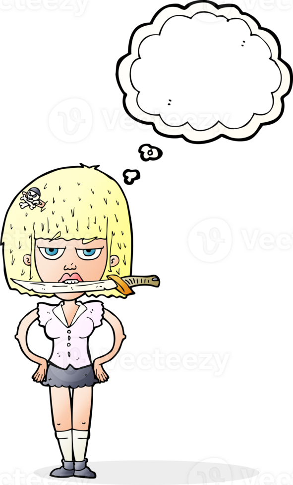 cartoon woman with knife between teeth with thought bubble png