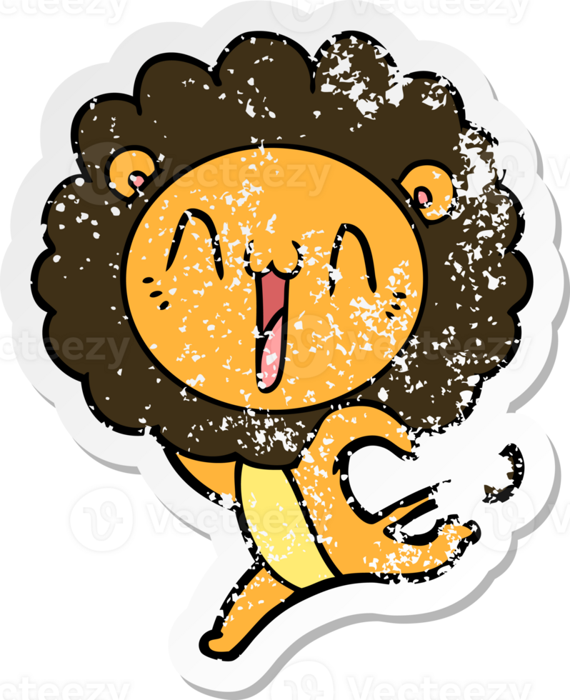 distressed sticker of a happy cartoon lion png