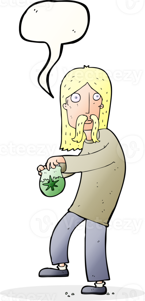 cartoon hippie man with bag of weed with speech bubble png