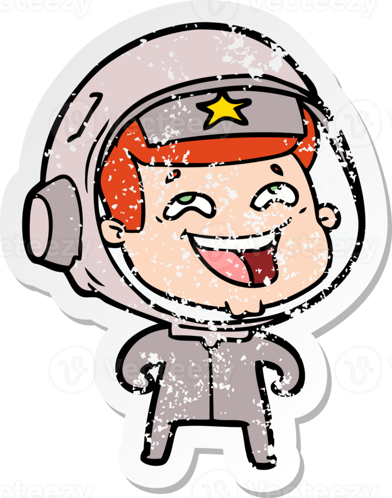 distressed sticker of a cartoon laughing astronaut png