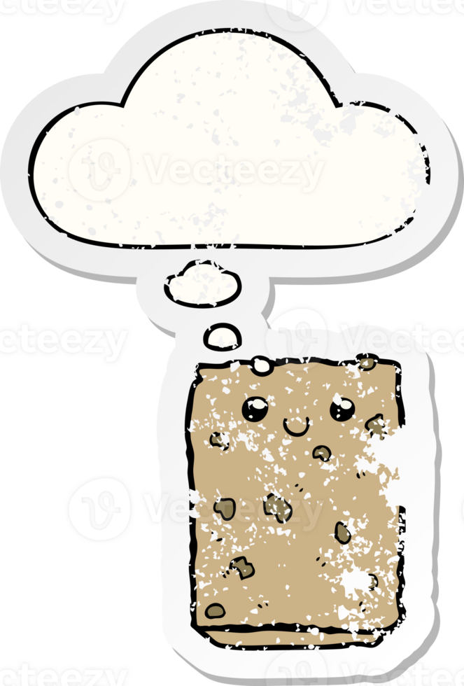 cartoon biscuit and thought bubble as a distressed worn sticker png