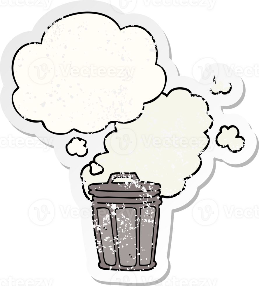 cartoon stinky garbage can and thought bubble as a distressed worn sticker png