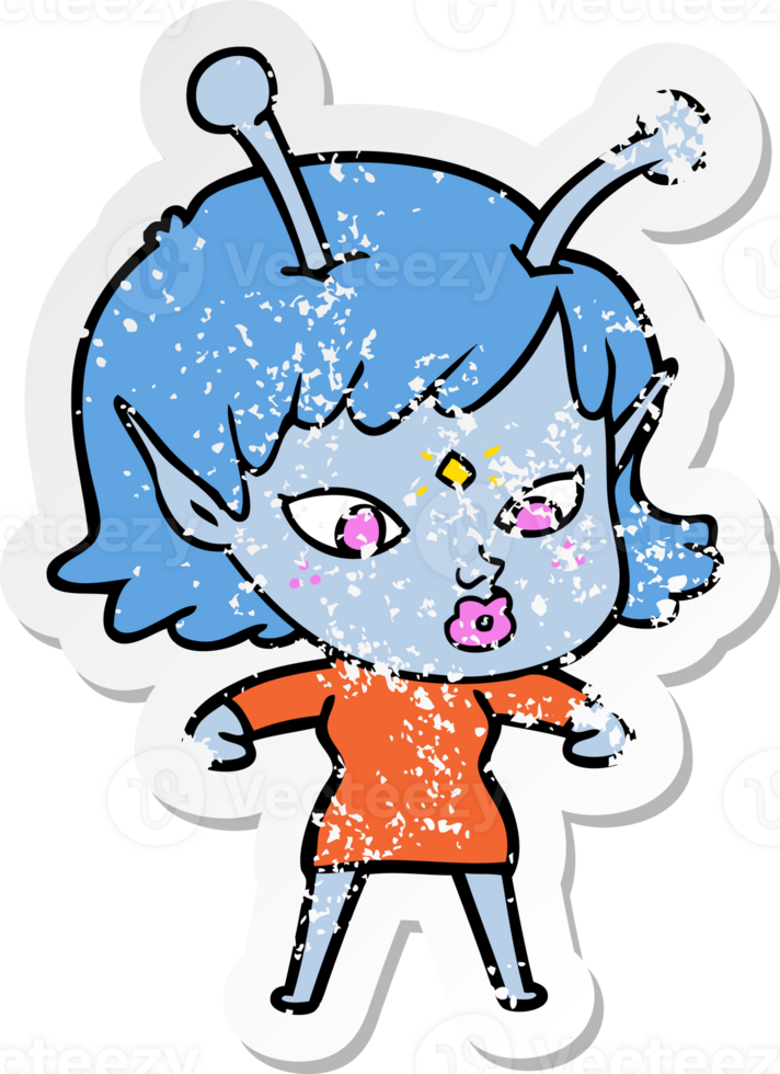 distressed sticker of a pretty cartoon alien girl png