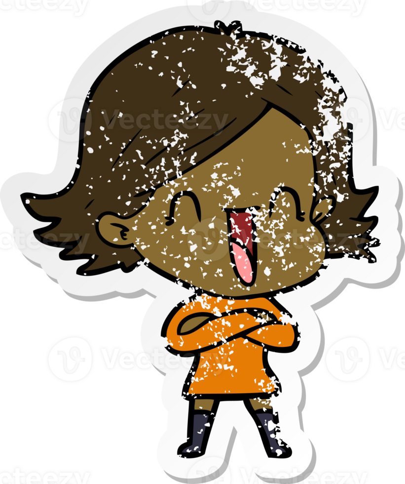 distressed sticker of a cartoon laughing woman png