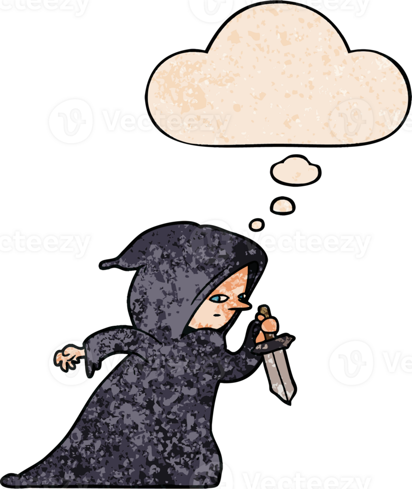 cartoon assassin and thought bubble in grunge texture pattern style png