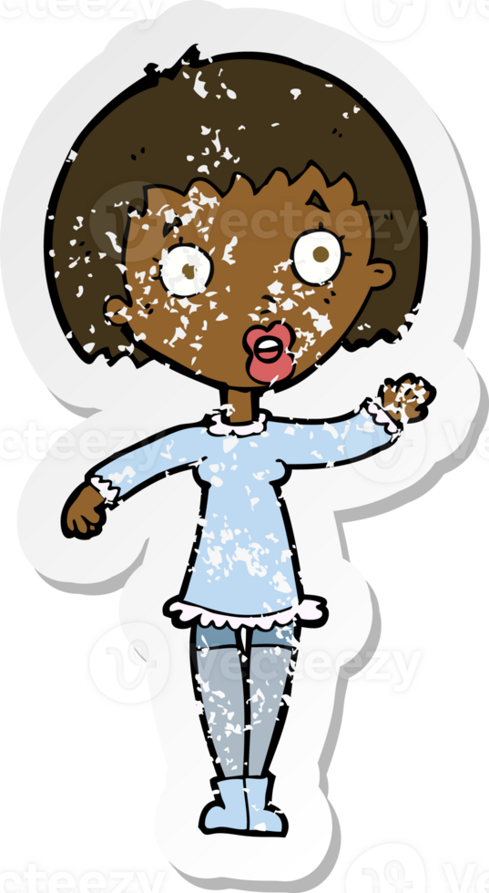 retro distressed sticker of a cartoon waving woman png