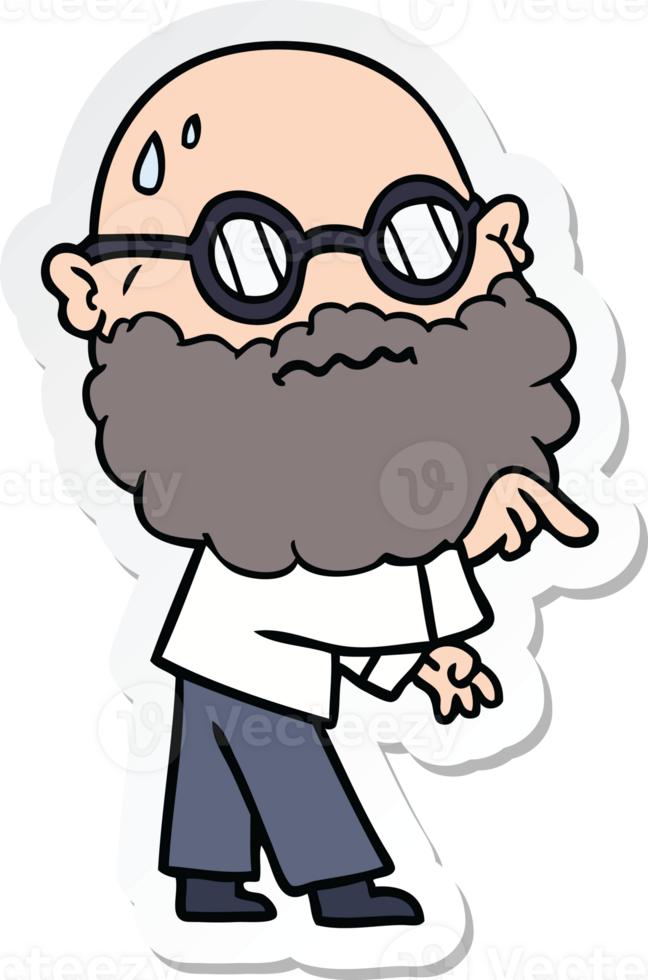 sticker of a cartoon worried man with beard and spectacles pointing finger png