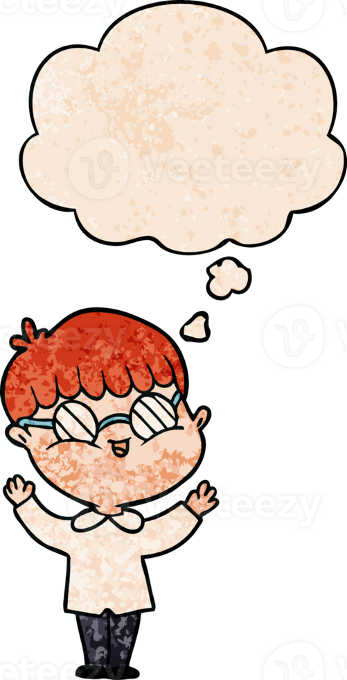 cartoon boy wearing spectacles and thought bubble in grunge texture pattern style png