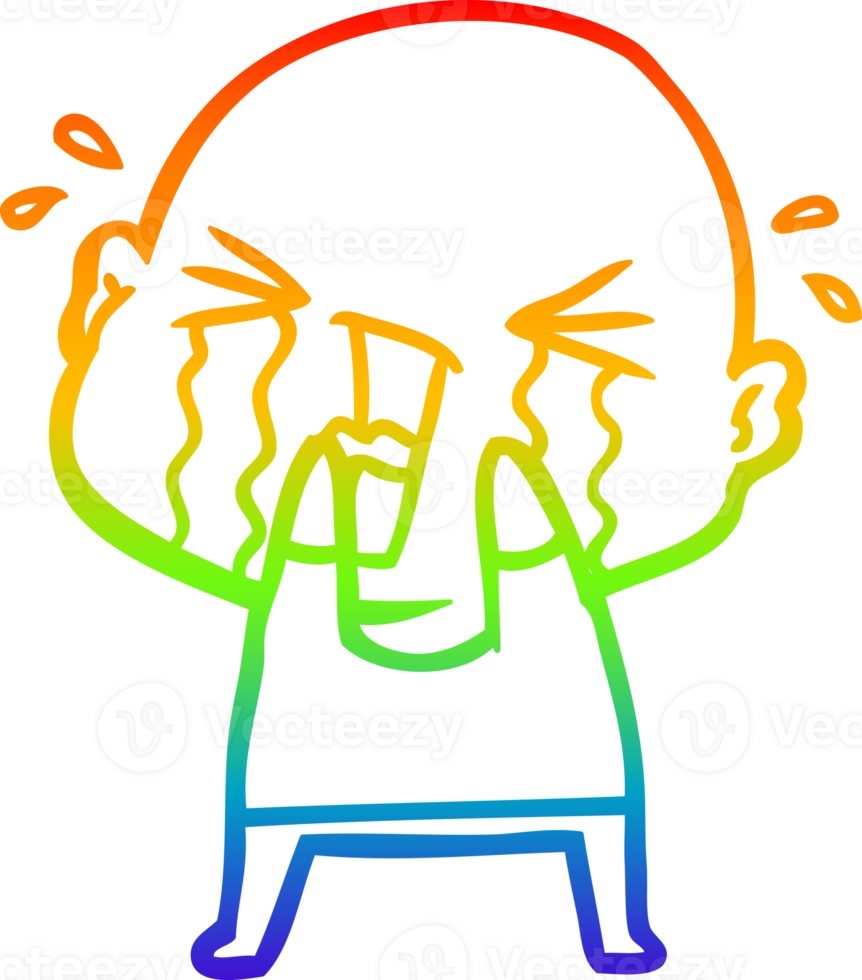 rainbow gradient line drawing of a cartoon crying bald man png