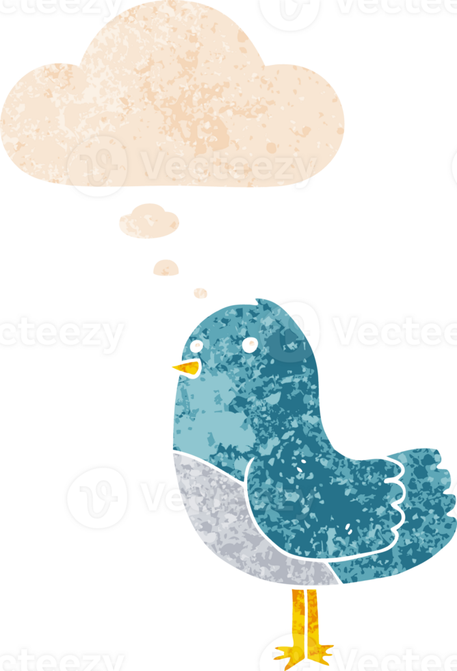 cartoon bird with thought bubble in grunge distressed retro textured style png