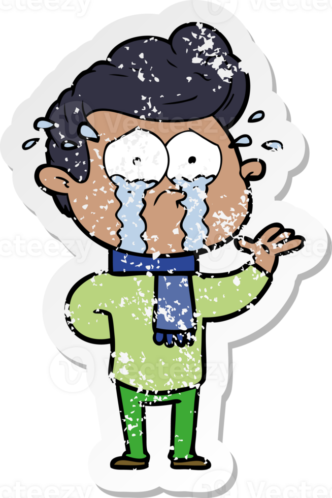distressed sticker of a cartoon crying man png