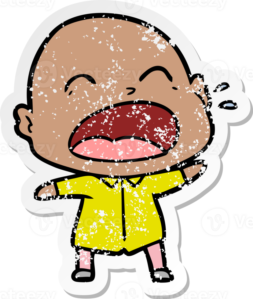 distressed sticker of a cartoon shouting bald man png