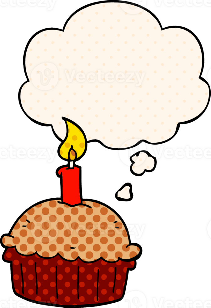 cartoon birthday cupcake with thought bubble in comic book style png