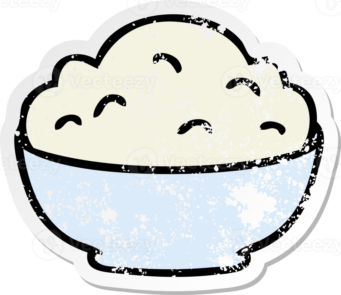 distressed sticker of a quirky hand drawn cartoon bowl of mash png