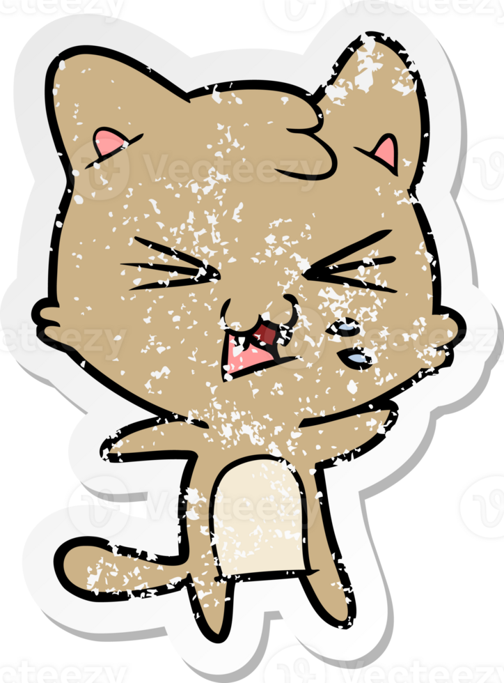distressed sticker of a cartoon hissing cat png