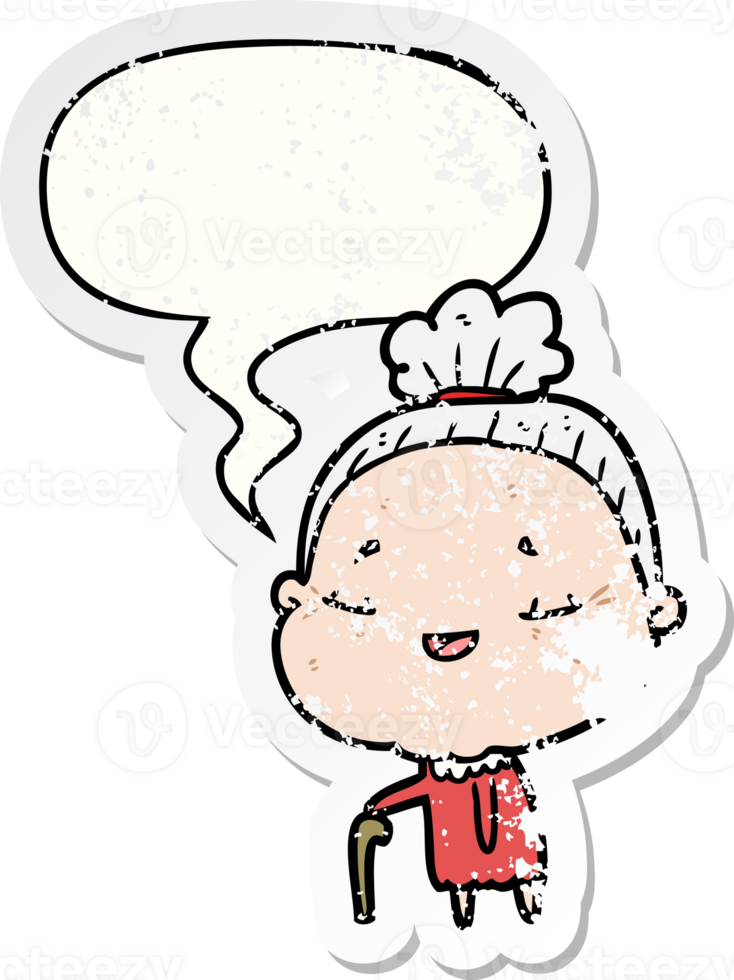 cartoon old woman with walking stick with speech bubble distressed distressed old sticker png