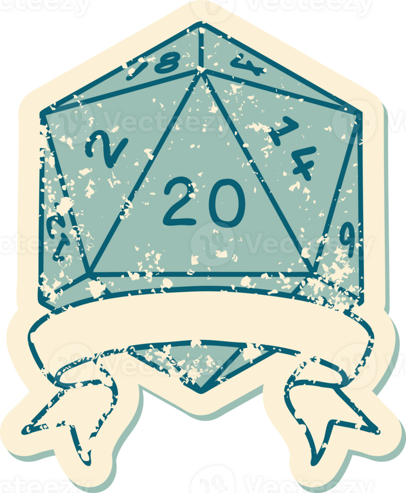 Retro Tattoo Style natural 20 critical hit D20 dice roll png