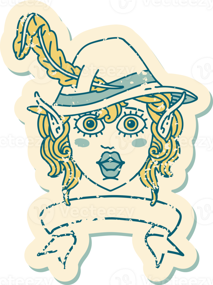 Retro Tattoo Style elf bard character face with banner png