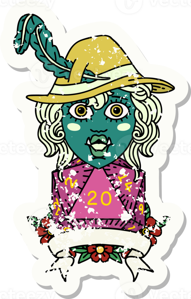 Retro Tattoo Style half orc bard with natural 20 dice roll png