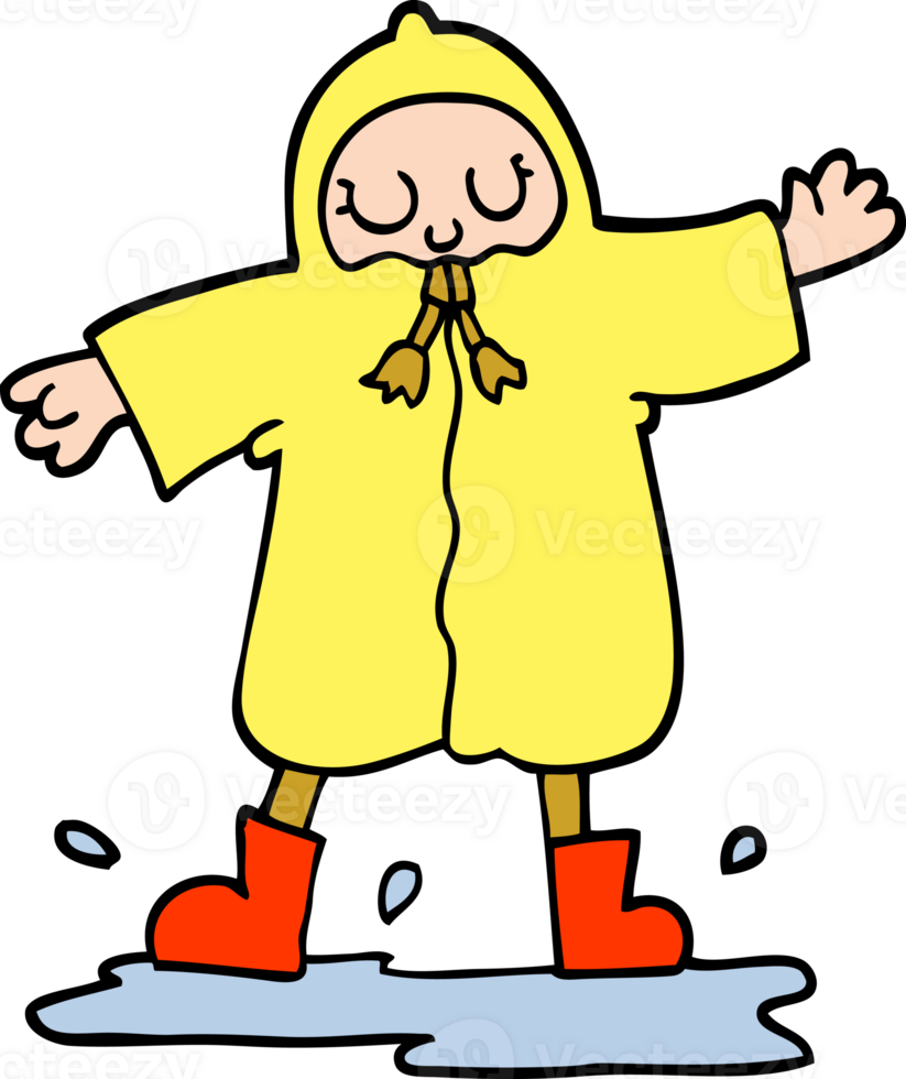 persona de dibujos animados estilo doodle dibujada a mano chapoteando en un charco con capa de lluvia png