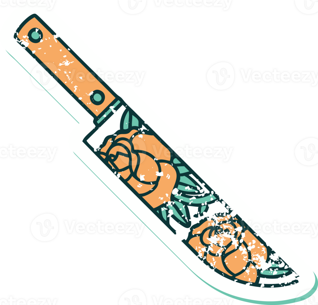 iconic distressed sticker tattoo style image of a dagger and flowers png