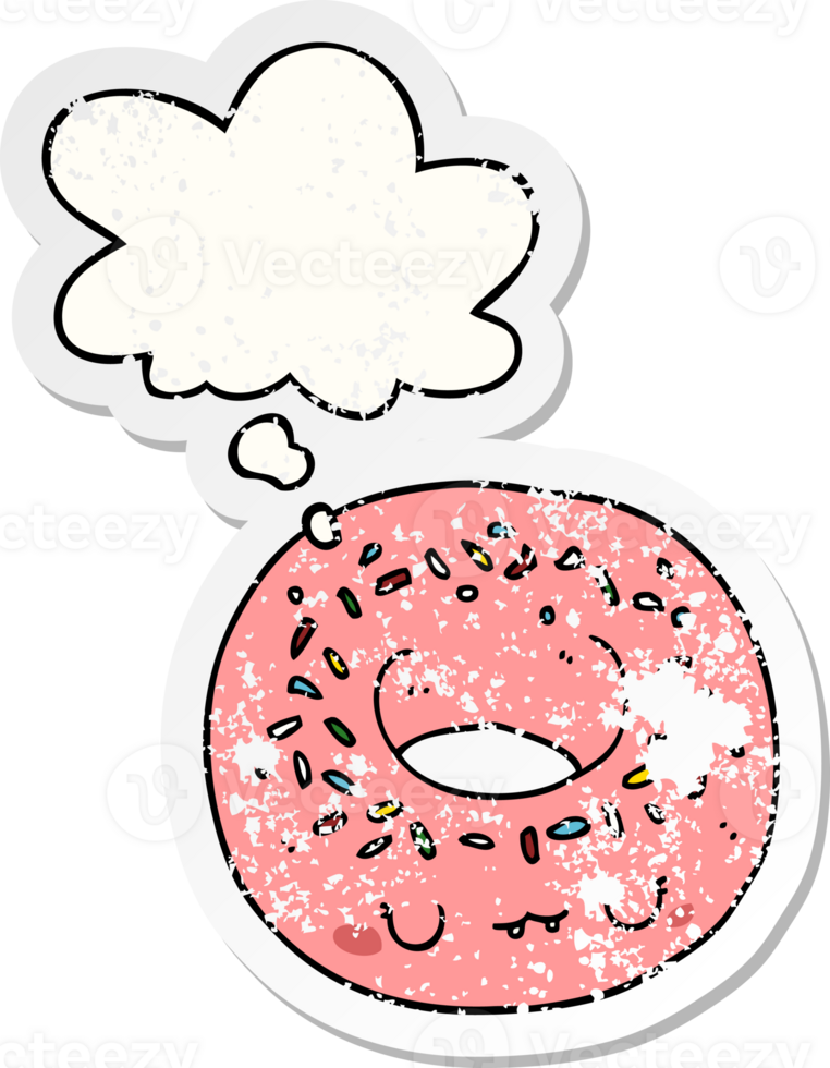 cartoon donut with thought bubble as a distressed worn sticker png