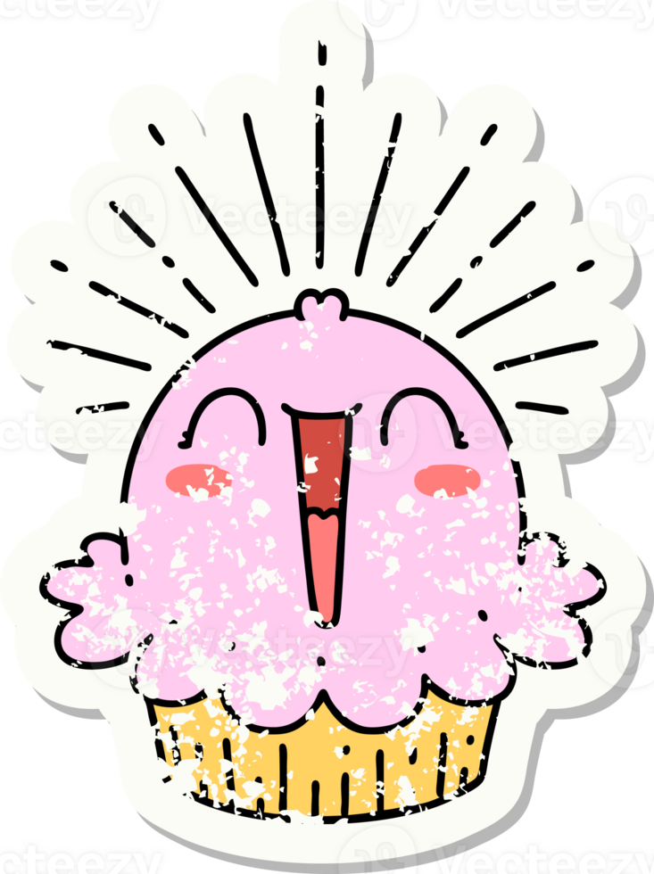 worn old sticker of a tattoo style happy singing cupcake png
