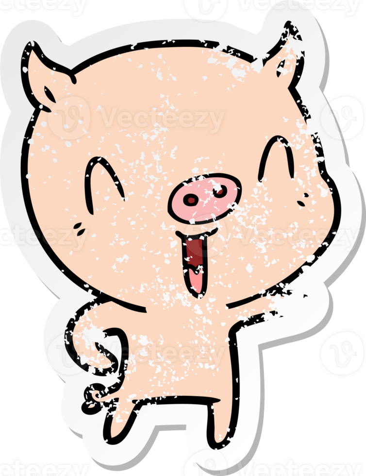 distressed sticker of a happy cartoon pig png