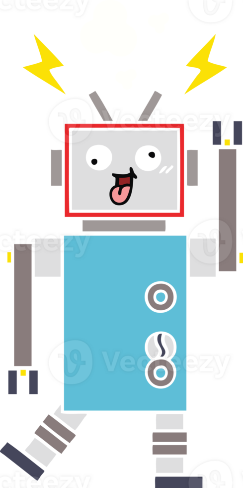 flat color retro cartoon of a crazy broken robot png