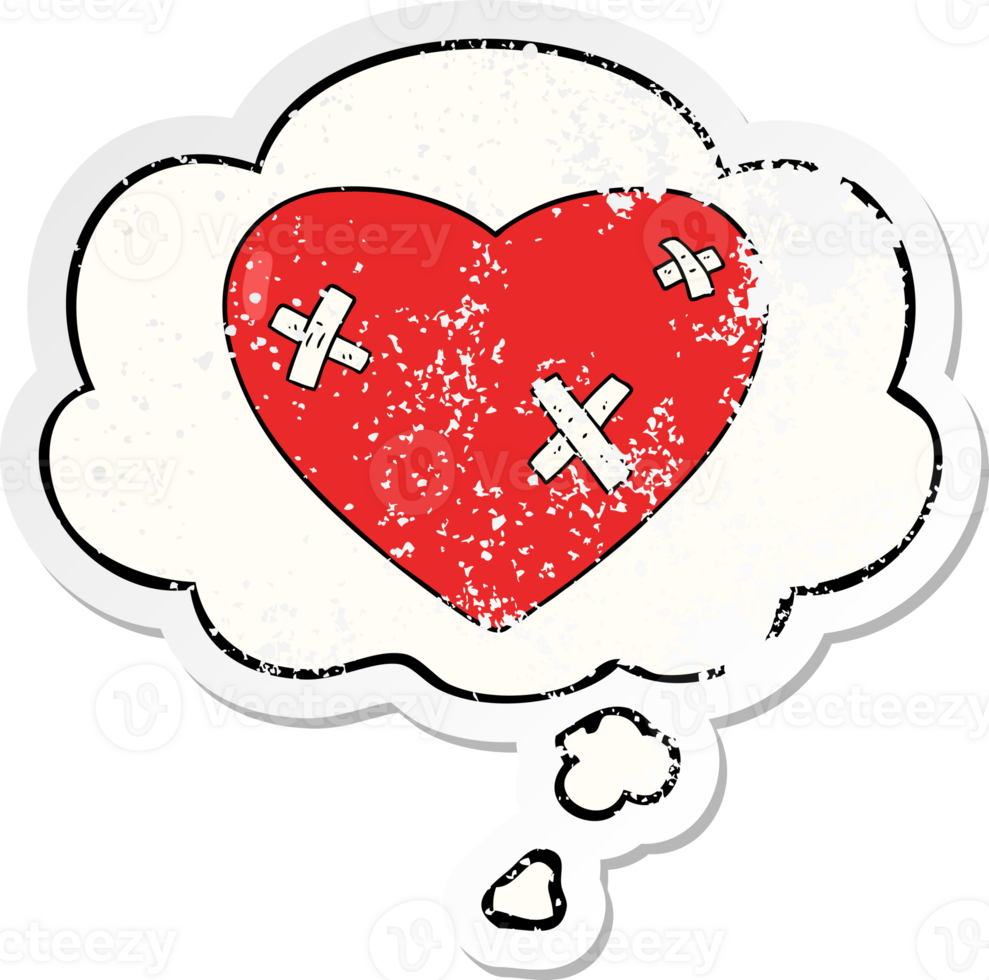 cartoon beaten up heart with thought bubble as a distressed worn sticker png