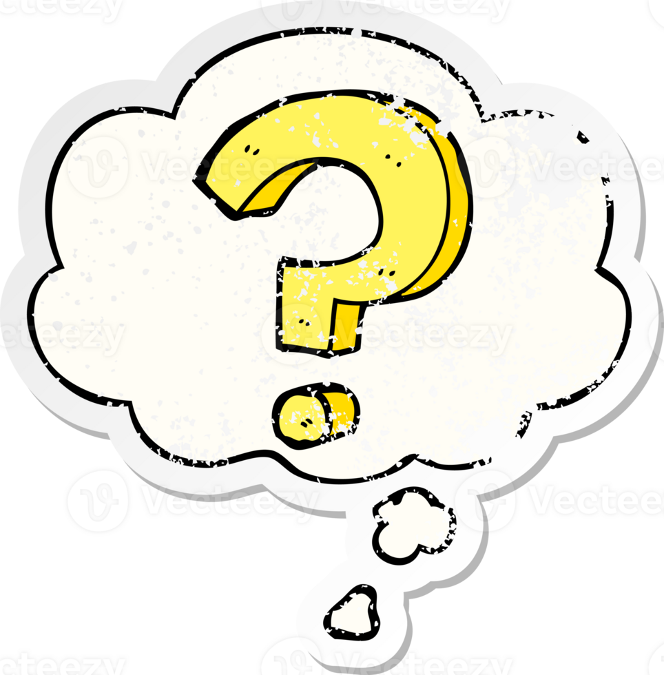 cartoon question mark with thought bubble as a distressed worn sticker png